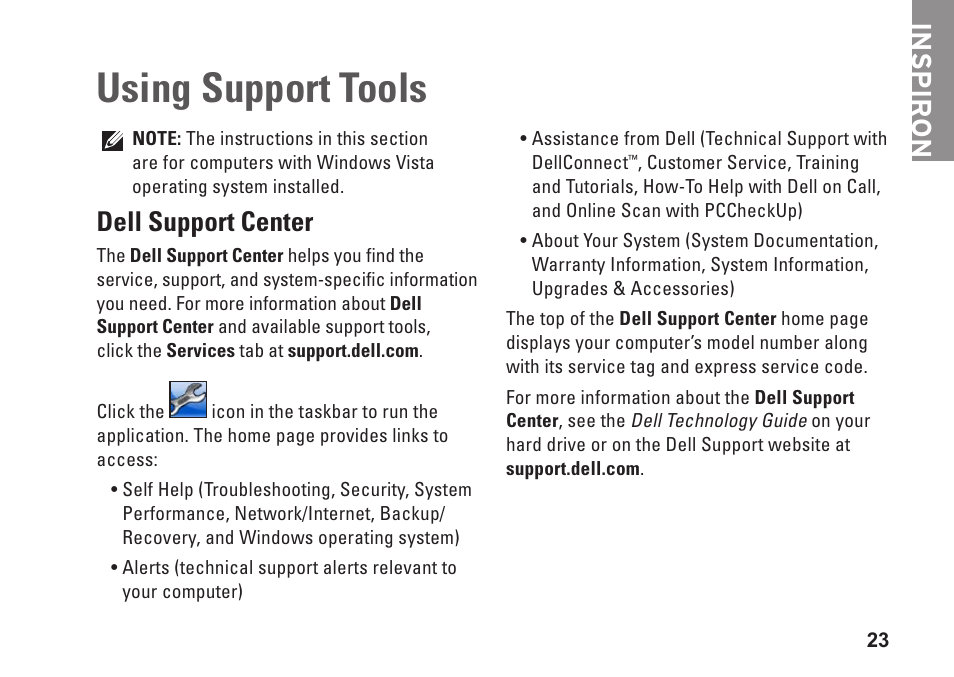 Dell support center, Using support tools, Inspiron | Dell Inspiron 1410 (Late 2008) User Manual | Page 25 / 52