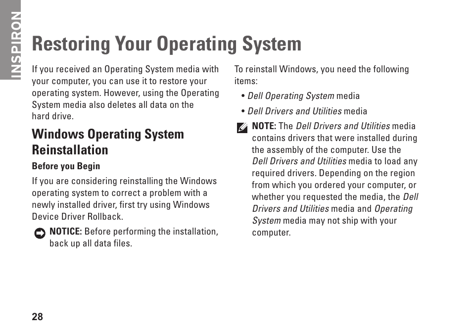Restoring your operating system, Windows operating system reinstallation, Windows operating system | Reinstallation, Inspiron | Dell Inspiron 1410 (Late 2008) User Manual | Page 30 / 52