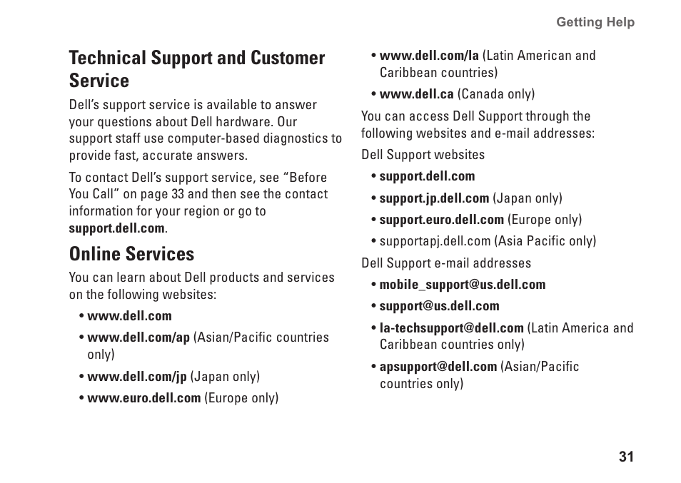 Technical support and customer service, Online services, Technical support and customer | Service online services | Dell Inspiron 1410 (Late 2008) User Manual | Page 33 / 52