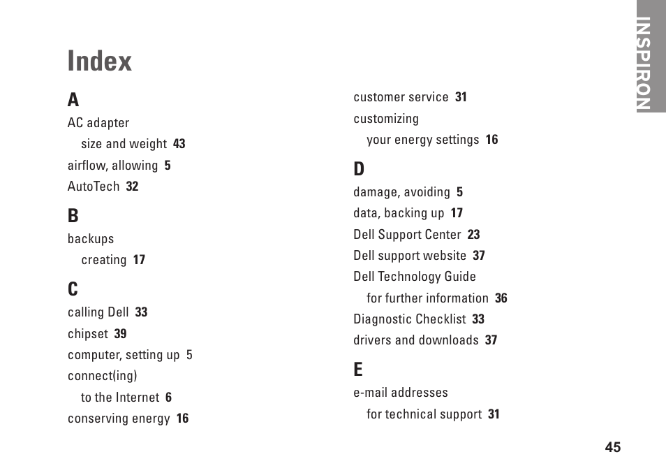 Index, Inspiron a | Dell Inspiron 1410 (Late 2008) User Manual | Page 47 / 52