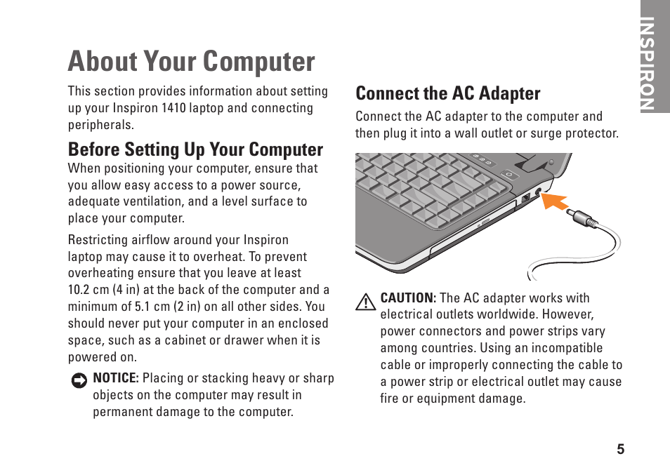 About your computer, Connect the ac adapter, Inspiron | Before setting up your computer | Dell Inspiron 1410 (Late 2008) User Manual | Page 7 / 52