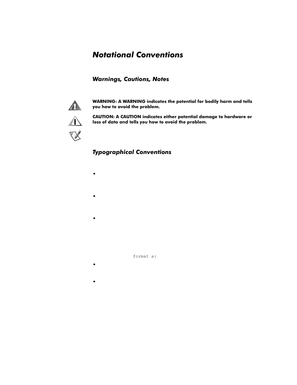 Notational conventions, Warnings, cautions, notes, Typographical conventions | 1rwdwlrqdo&rqyhqwlrqv | Dell OptiPlex G1 User Manual | Page 11 / 164