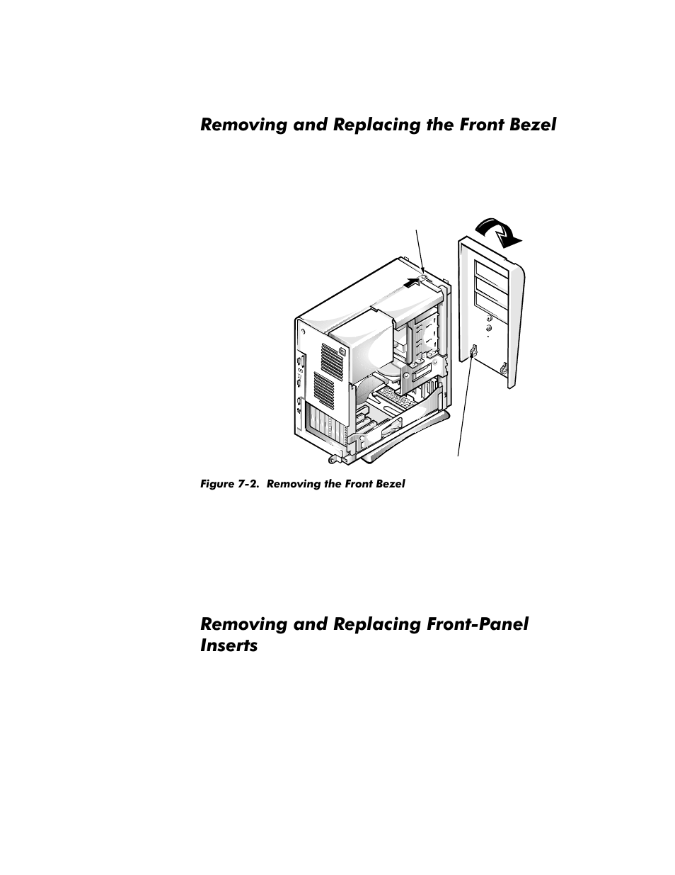 Removing and replacing the front bezel, Removing and replacing front-panel inserts, Removing and replacing the front bezel -2 | Removing and replacing front-panel inserts -2, Figure 7-2, Removing the front bezel -2, 5hprylqjdqg5hsodflqjwkh)urqw%h]ho, 5hprylqjdqg5hsodflqj)urqw3dqho ,qvhuwv | Dell OptiPlex G1 User Manual | Page 114 / 164