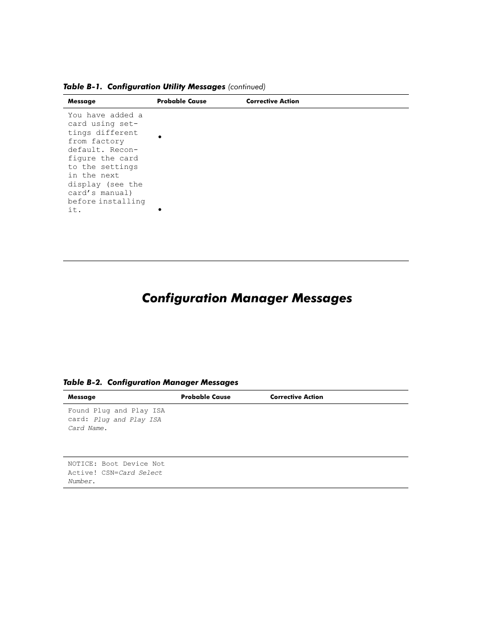 Configuration manager messages, Table b-2, Rqiljxudwlrq0dqdjhu0hvvdjhv | Dell OptiPlex G1 User Manual | Page 140 / 164