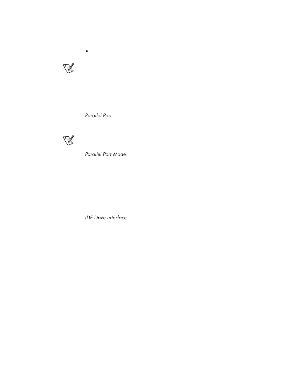 Parallel port, Parallel port mode, Ide drive interface | Parallel port -10, Parallel port mode -10, Ide drive interface -10 | Dell OptiPlex G1 User Manual | Page 44 / 164