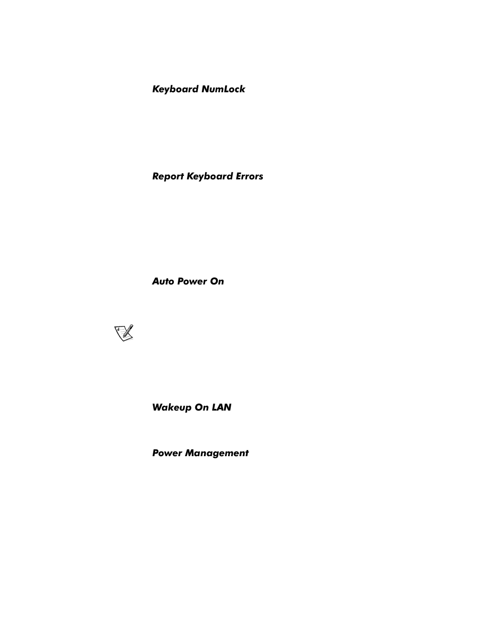 Keyboard numlock, Report keyboard errors, Auto power on | Wakeup on lan, Power management, Keyboard numlock -13, Report keyboard errors -13, Auto power on -13, Wakeup on lan -13, Power management -13 | Dell OptiPlex G1 User Manual | Page 47 / 164