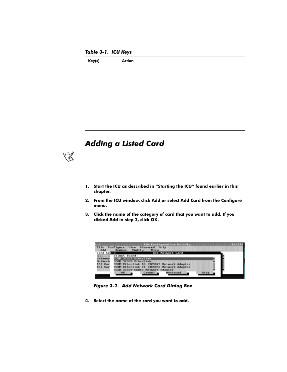 Adding a listed card, Adding a listed card -6, Figure 3-2 | Add network card dialog box -6, Table 3-1, Icu keys -6, Gglqjd/lvwhg&dug | Dell OptiPlex G1 User Manual | Page 62 / 164