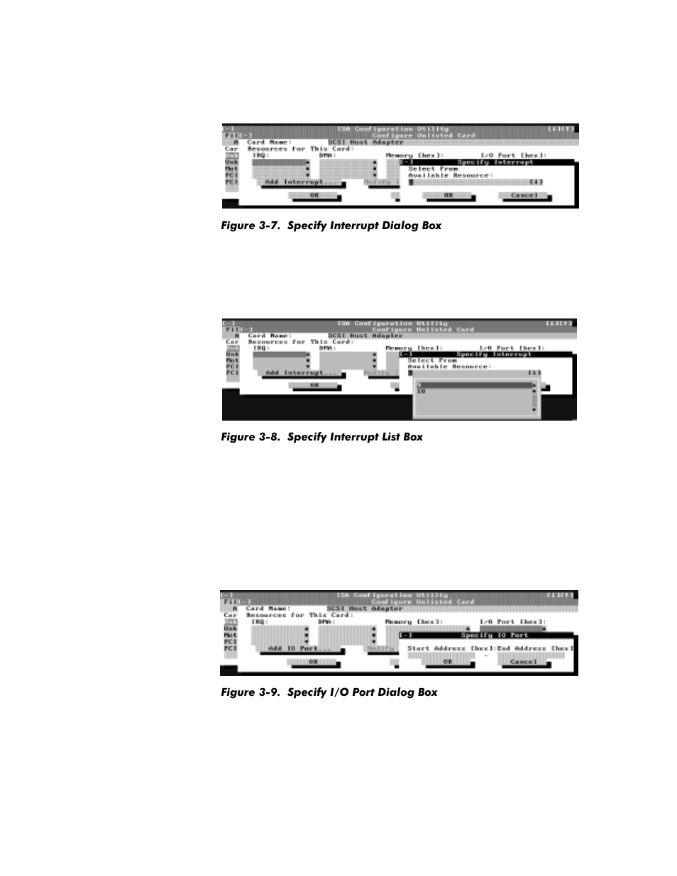 Figure 3-7, Specify interrupt dialog box -10, Figure 3-8 | Specify interrupt list box -10, Figure 3-9, Specify i/o port dialog box -10 | Dell OptiPlex G1 User Manual | Page 66 / 164