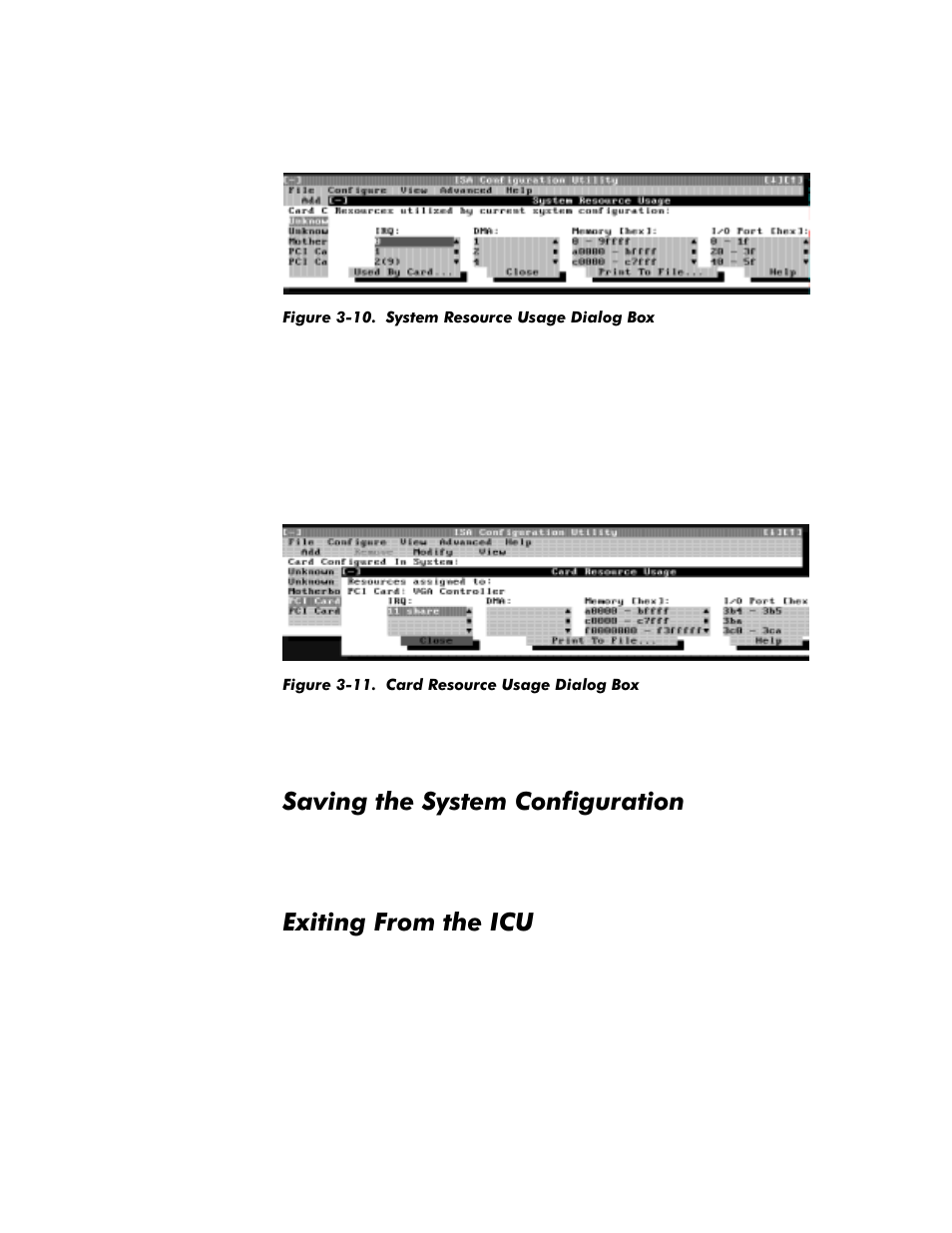 Saving the system configuration, Exiting from the icu, Saving the system configuration -14 | Exiting from the icu -14, Figure 3-10. system resource usage dialog box -14, Figure 3-11. card resource usage dialog box -14, 6dylqjwkh6\vwhp&rqiljxudwlrq, Lwlqj)urpwkh,&8 | Dell OptiPlex G1 User Manual | Page 70 / 164