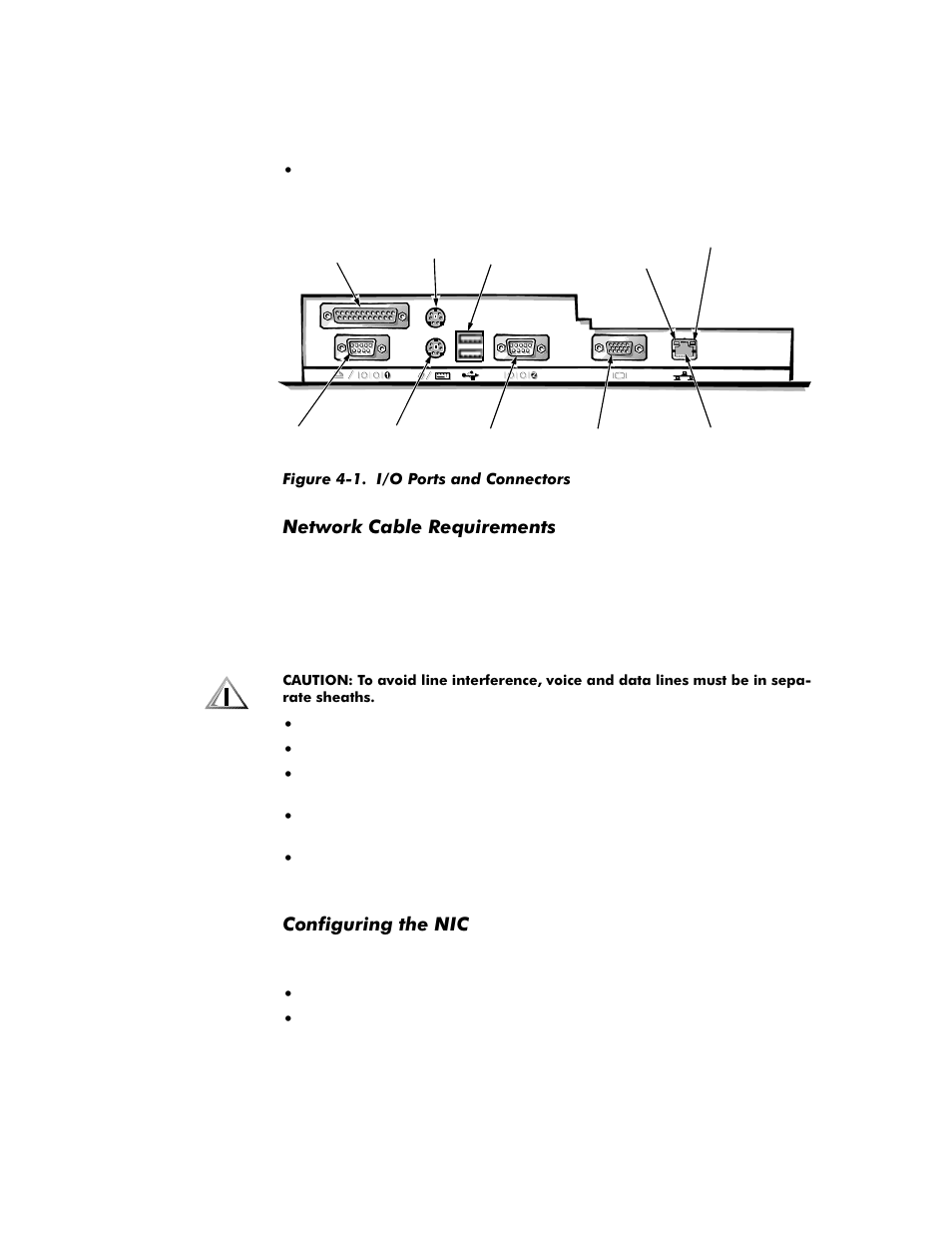 Network cable requirements, Configuring the nic, Network cable requirements -2 | Configuring the nic -2, Figure 4-1, I/o ports and connectors -2 | Dell OptiPlex G1 User Manual | Page 74 / 164