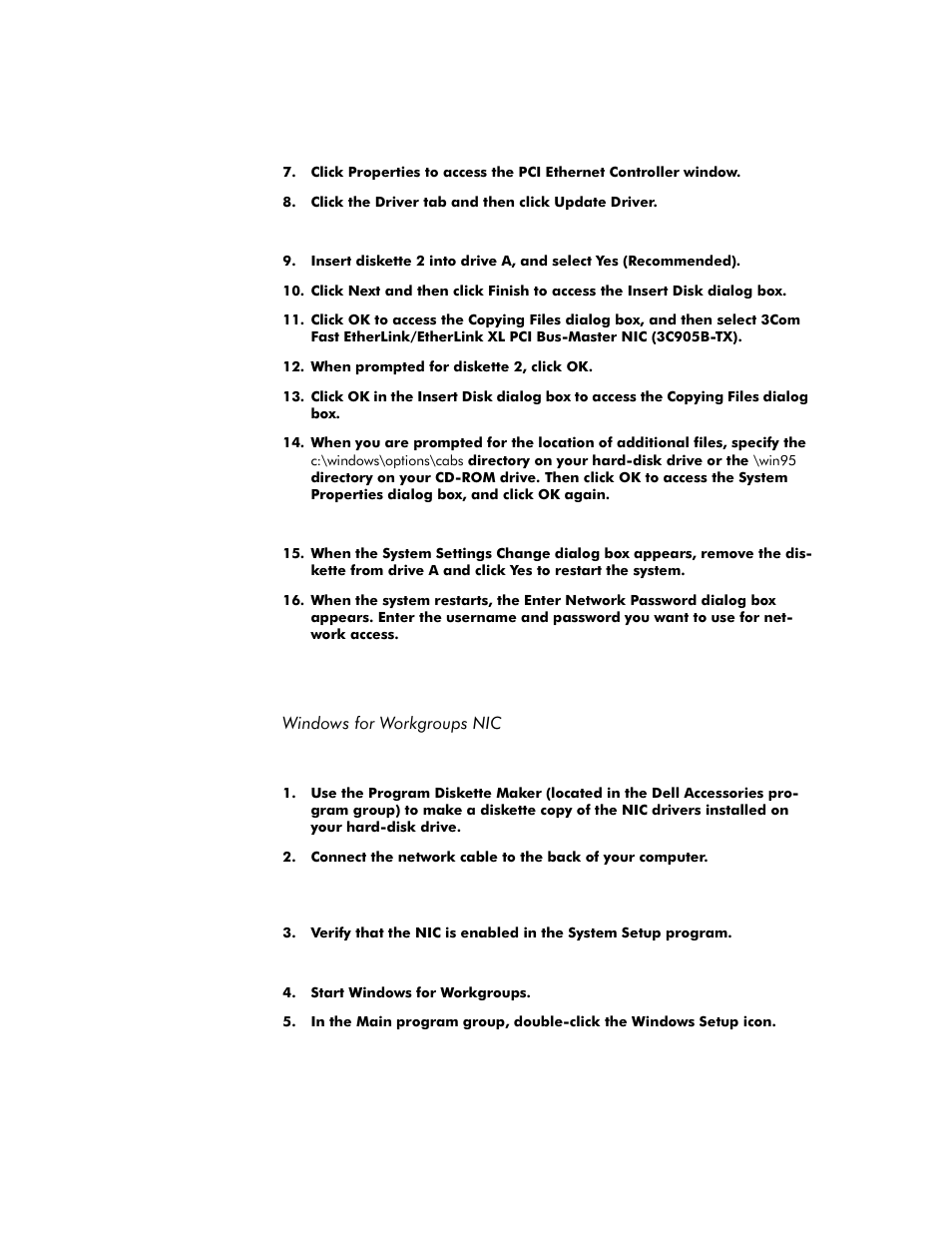 Windows for workgroups nic, Windows for workgroups nic -6 | Dell OptiPlex G1 User Manual | Page 78 / 164