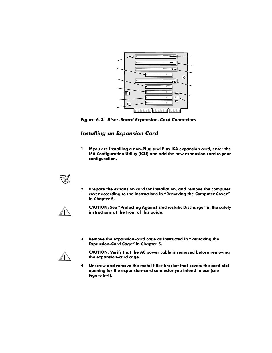 Installing an expansion card, Installing an expansion card -4, Figure 6-3 | Riser-board expansion-card connectors -4, Qvwdoolqjdq([sdqvlrq&dug | Dell OptiPlex G1 User Manual | Page 98 / 164