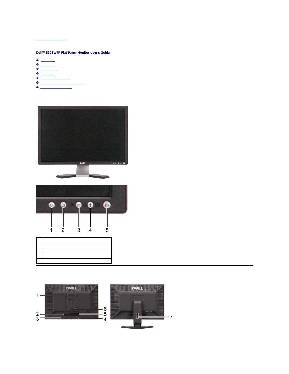 About your monitor, Front view, Back view | Dell E228WFP Monitor User Manual | Page 2 / 37