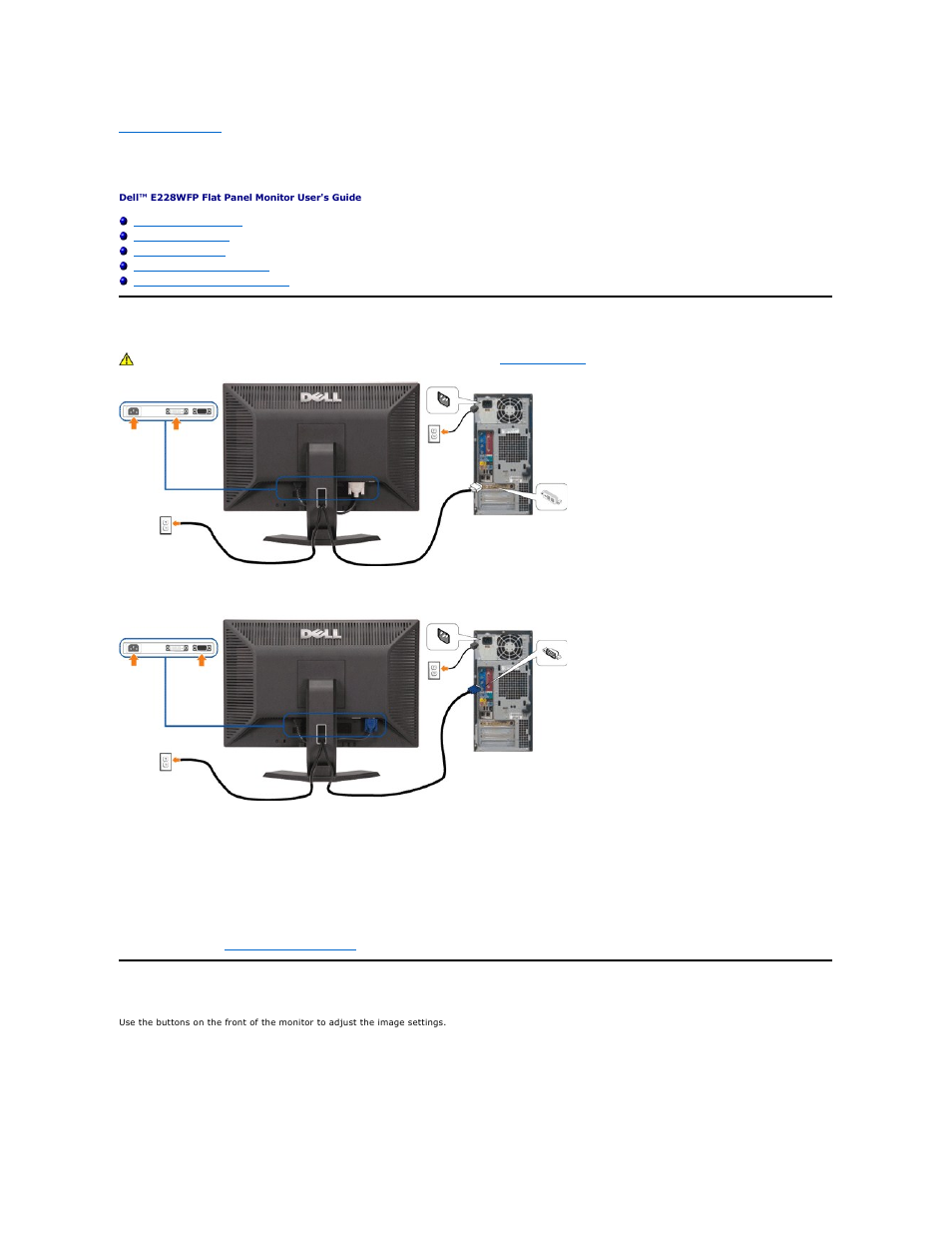 Setting up your monitor, Connecting your monitor, Using the front panel button | Dell E228WFP Monitor User Manual | Page 23 / 37