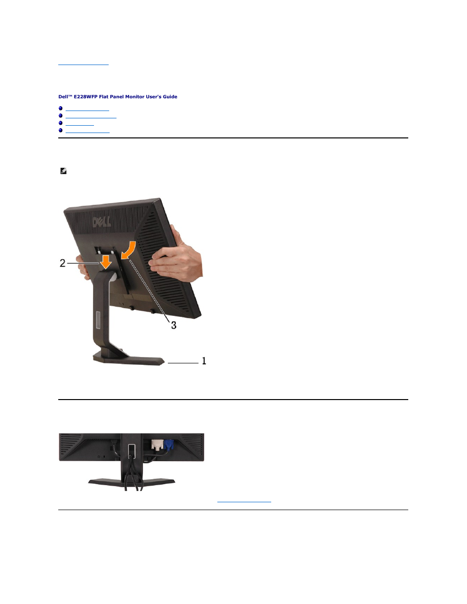 Using your monitor stand, Attaching the stand, Organizing your cables | Using the tilt | Dell E228WFP Monitor User Manual | Page 36 / 37
