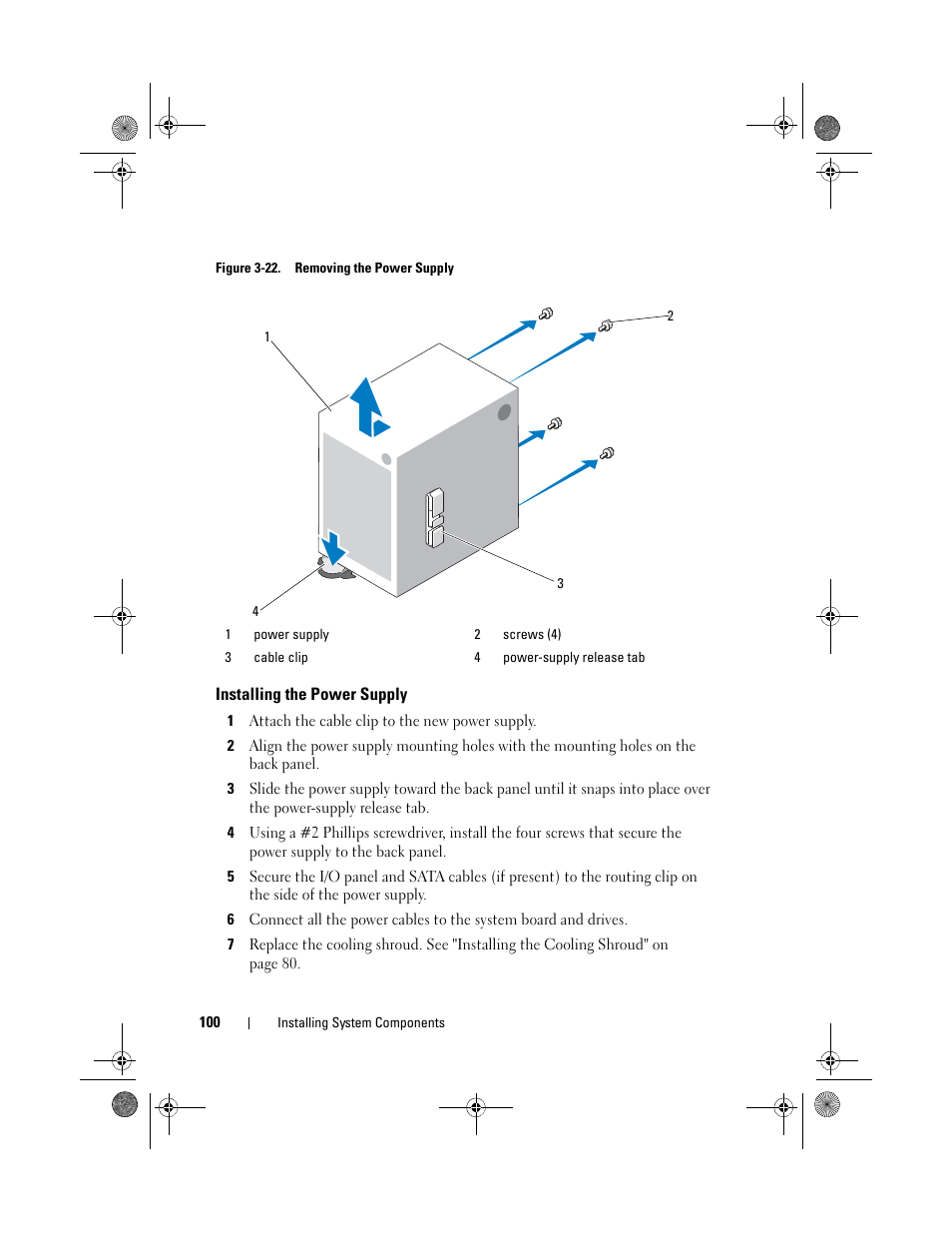 Installing the power supply, Chassis. see figure 3-22 | Dell PowerEdge T110 II User Manual | Page 100 / 142