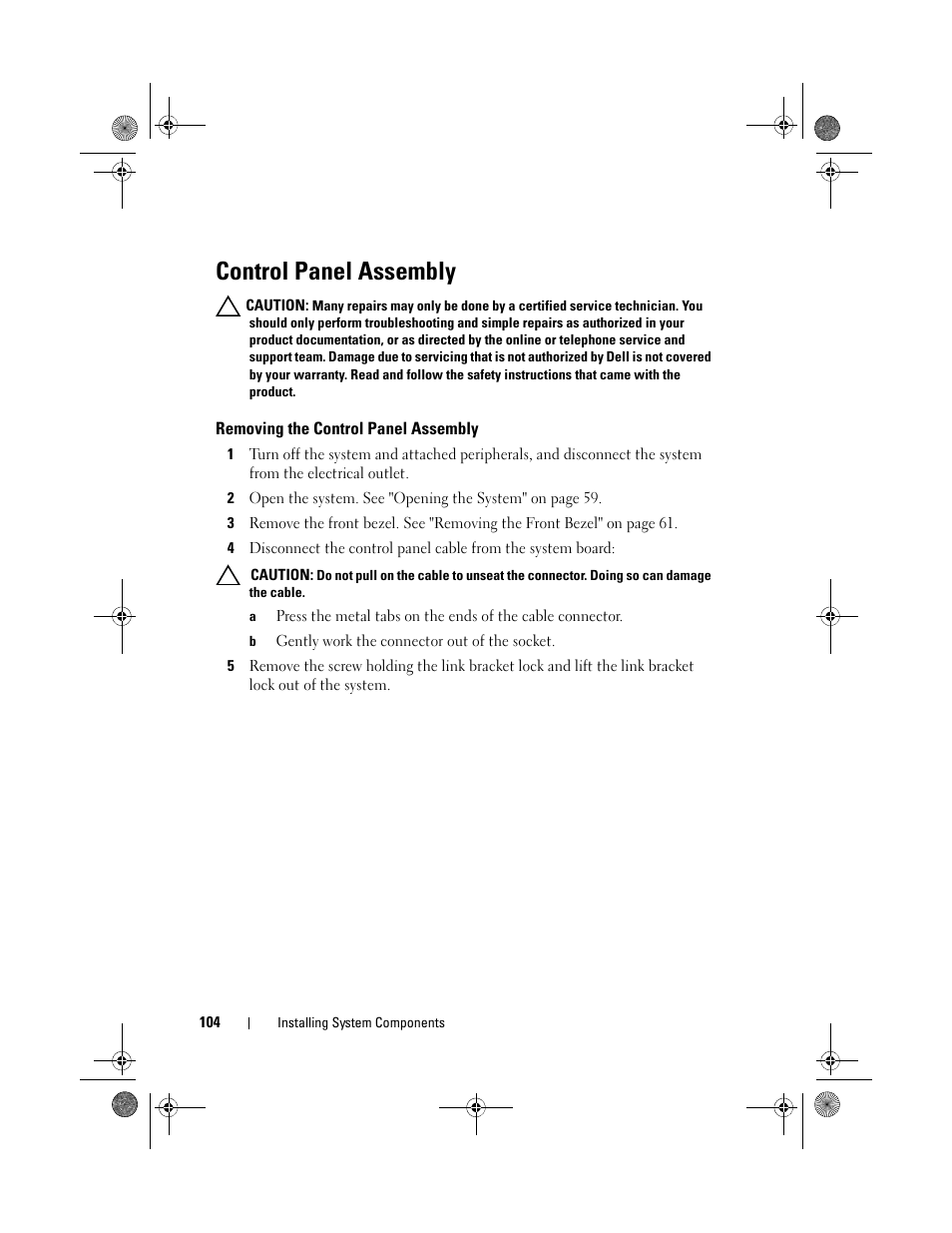 Control panel assembly, Removing the control panel assembly, See "control | Dell PowerEdge T110 II User Manual | Page 104 / 142