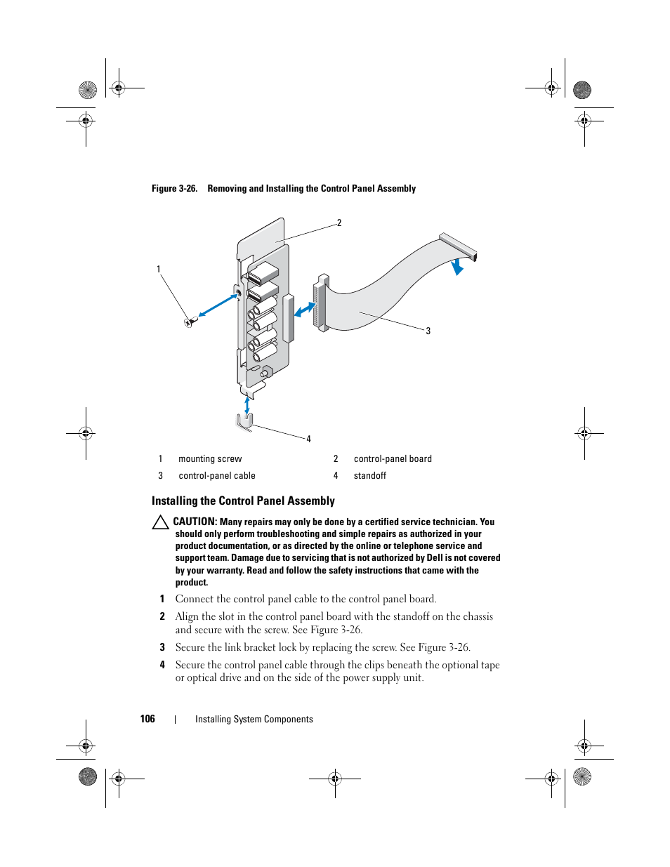 Installing the control panel assembly | Dell PowerEdge T110 II User Manual | Page 106 / 142