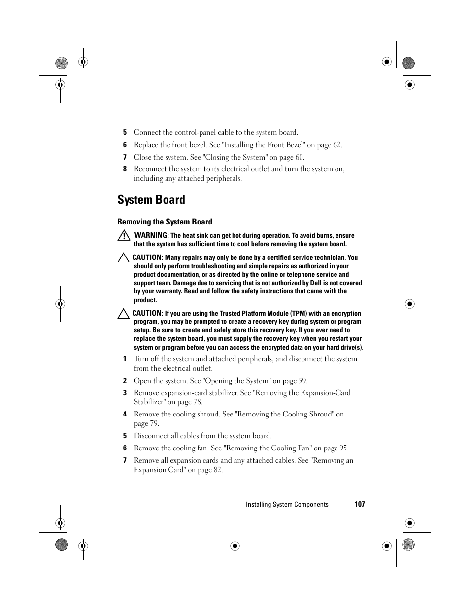 System board, Removing the system board | Dell PowerEdge T110 II User Manual | Page 107 / 142