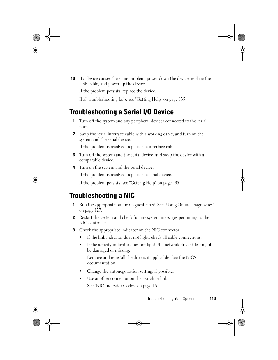 Troubleshooting a serial i/o device, Troubleshooting a nic, Troubleshooting a nic" on | Dell PowerEdge T110 II User Manual | Page 113 / 142