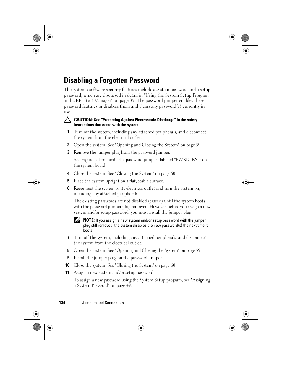 Disabling a forgotten password | Dell PowerEdge T110 II User Manual | Page 134 / 142