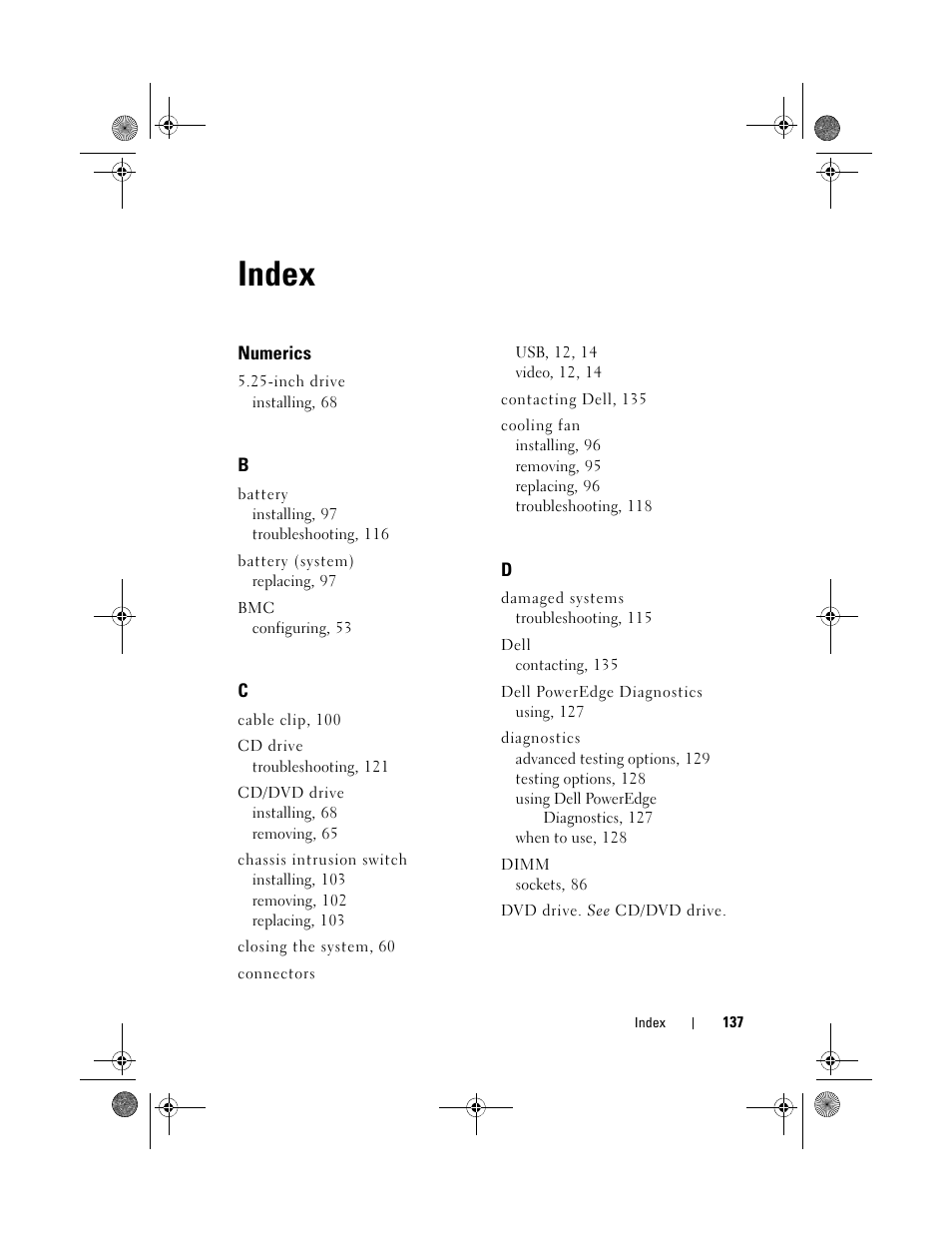 Index | Dell PowerEdge T110 II User Manual | Page 137 / 142