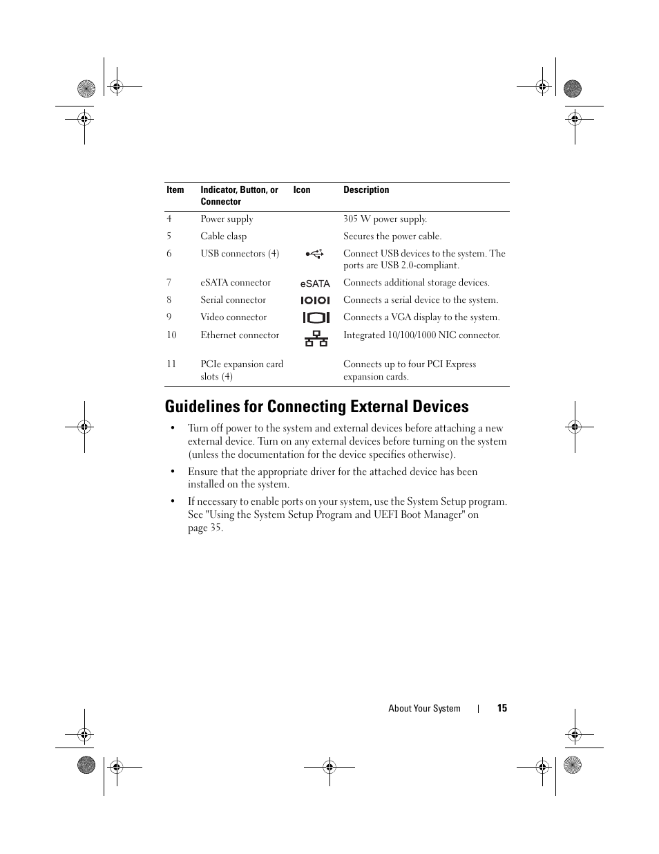 Guidelines for connecting external devices | Dell PowerEdge T110 II User Manual | Page 15 / 142