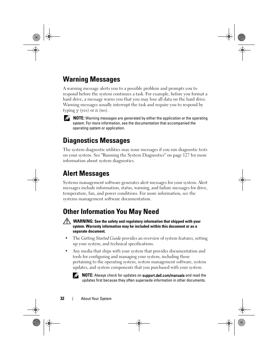 Warning messages, Diagnostics messages, Alert messages | Other information you may need | Dell PowerEdge T110 II User Manual | Page 32 / 142