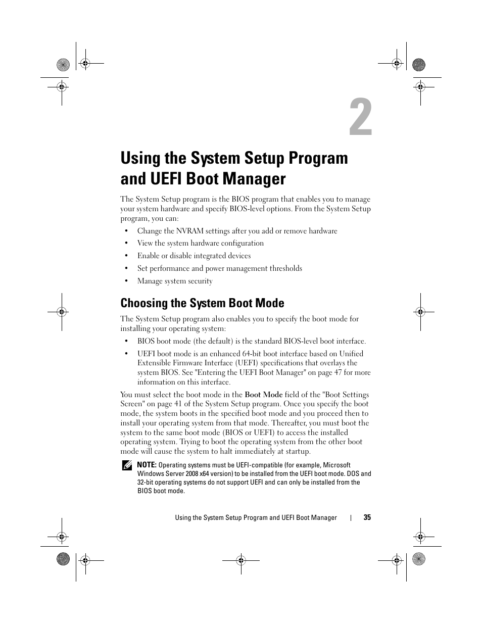 Choosing the system boot mode, Using the system setup program and uefi boot, Manager | M. see "using the system setup, Using the system setup program, S. see "using the, System setup program and, Uefi boot manager" on, Using the, See "using | Dell PowerEdge T110 II User Manual | Page 35 / 142