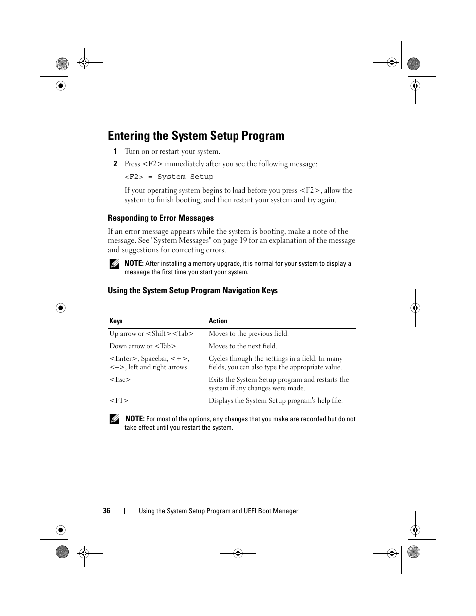 Entering the system setup program, Responding to error messages, Using the system setup program navigation keys | Usb port(s). see "entering the, System setup program" on | Dell PowerEdge T110 II User Manual | Page 36 / 142