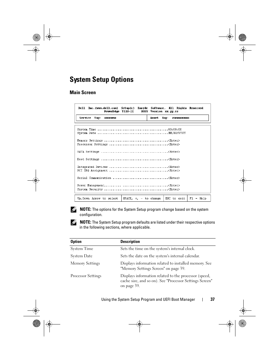 System setup options, Main screen | Dell PowerEdge T110 II User Manual | Page 37 / 142