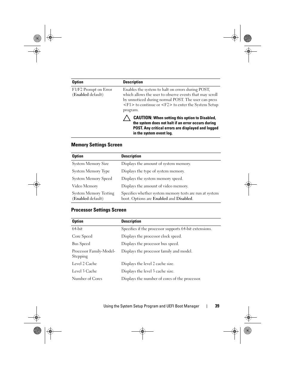 Memory settings screen, Processor settings screen | Dell PowerEdge T110 II User Manual | Page 39 / 142