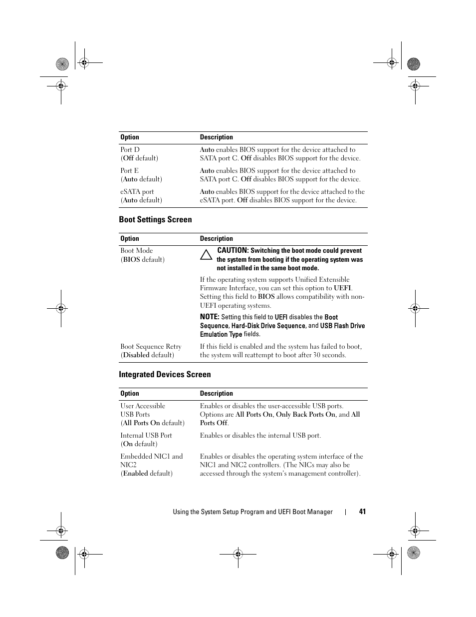 Boot settings screen, Integrated devices screen, Integrated devices screen" on | Dell PowerEdge T110 II User Manual | Page 41 / 142