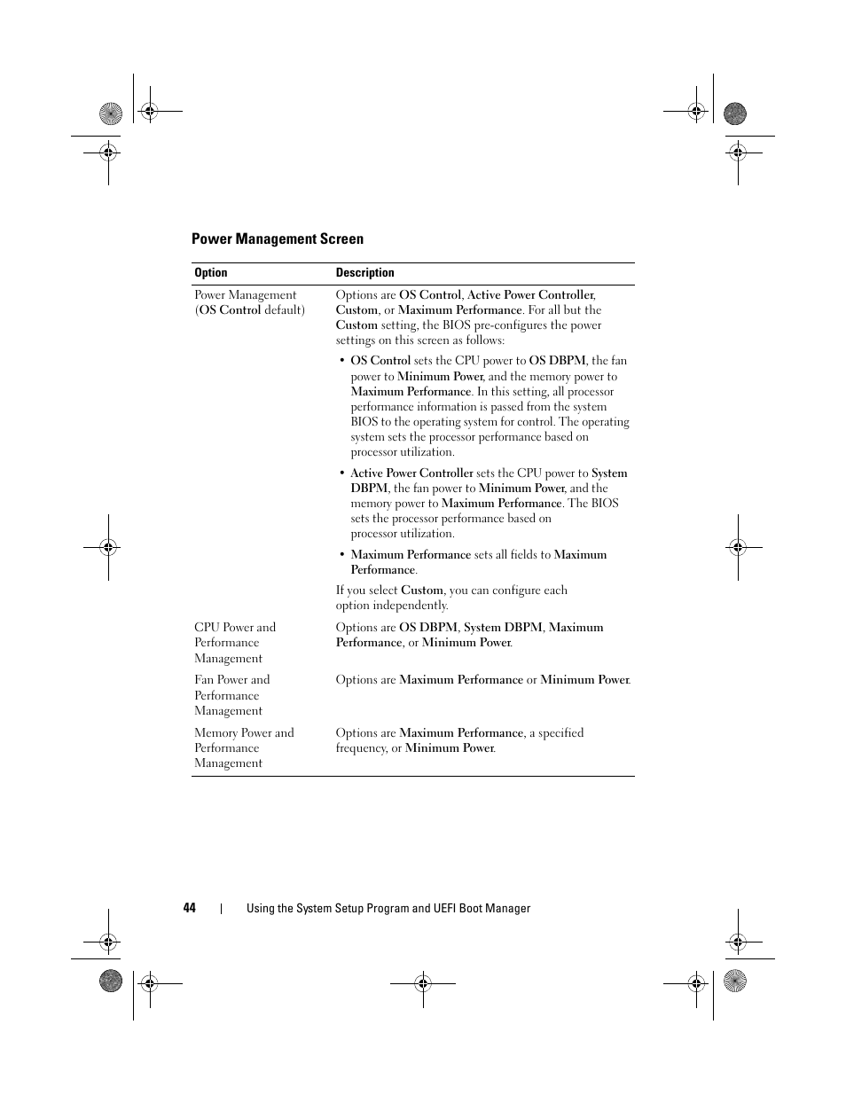 Power management screen, E "power management screen | Dell PowerEdge T110 II User Manual | Page 44 / 142