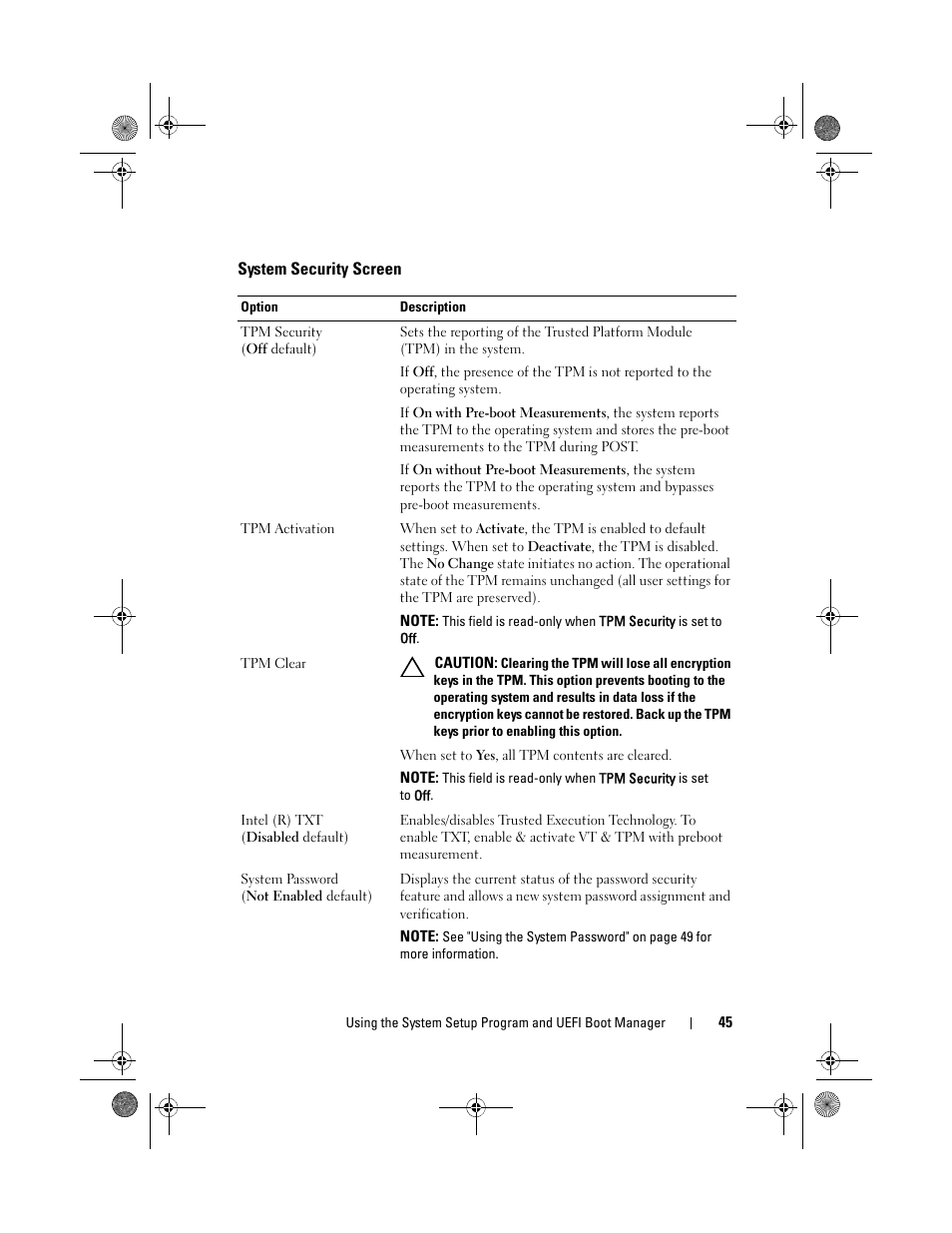 System security screen, See "system security screen | Dell PowerEdge T110 II User Manual | Page 45 / 142