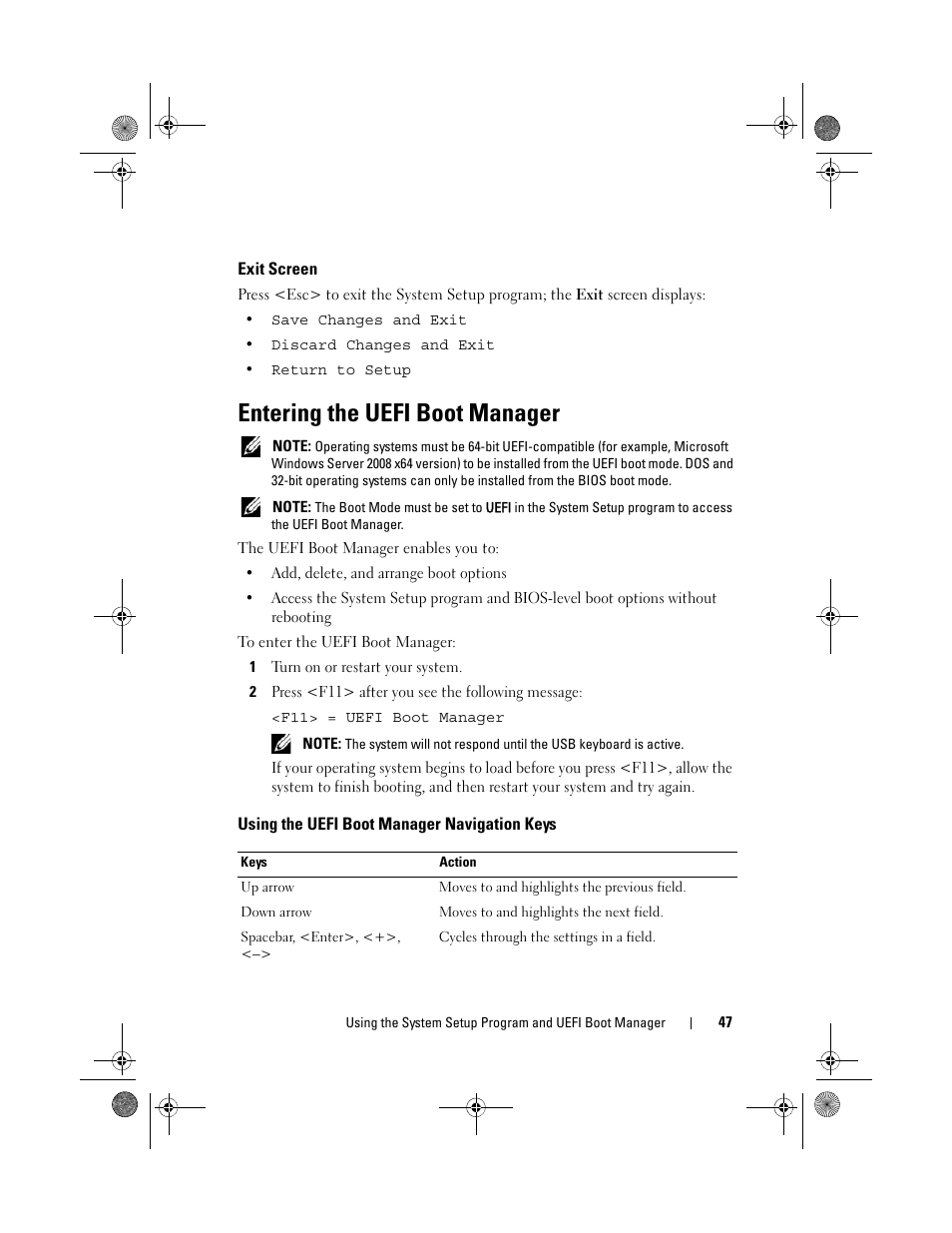 Exit screen, Entering the uefi boot manager, Using the uefi boot manager navigation keys | Dell PowerEdge T110 II User Manual | Page 47 / 142