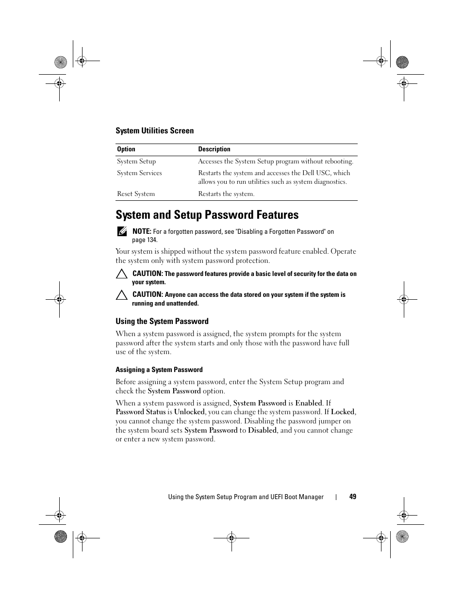 System utilities screen, System and setup password features, Using the system password | Dell PowerEdge T110 II User Manual | Page 49 / 142