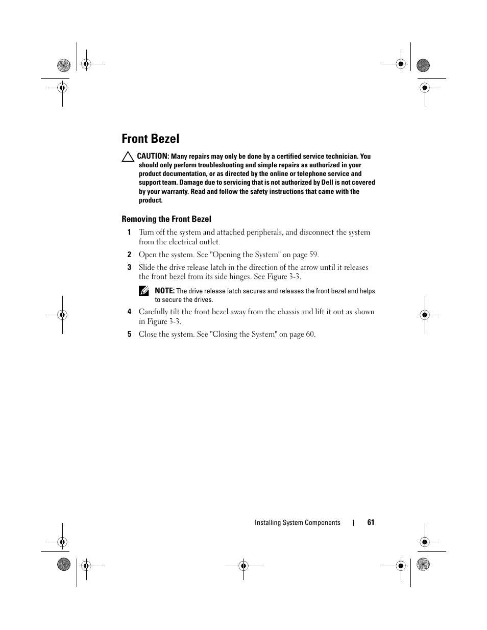 Front bezel, Removing the front bezel | Dell PowerEdge T110 II User Manual | Page 61 / 142