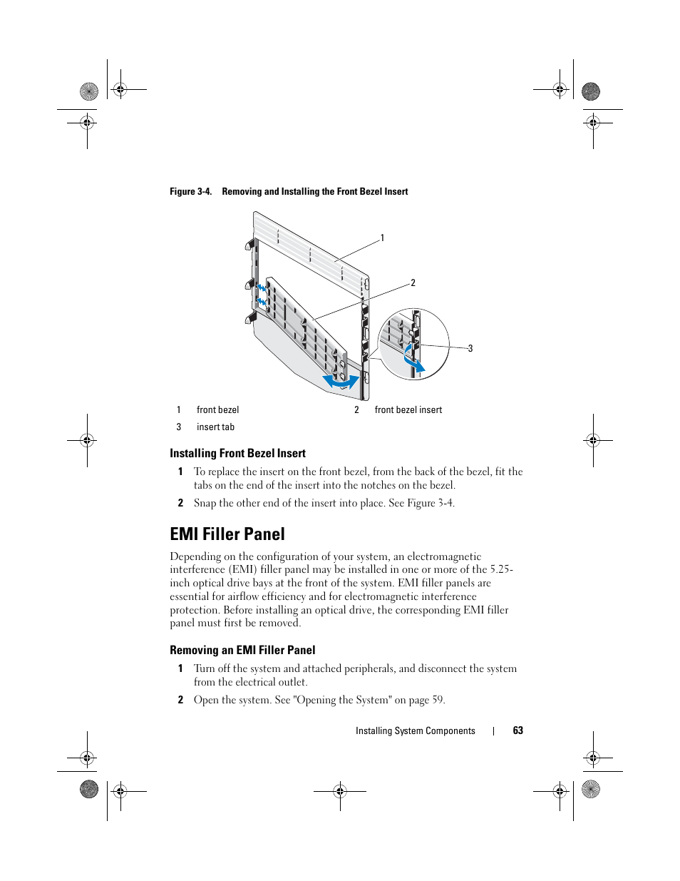 Installing front bezel insert, Emi filler panel, Removing an emi filler panel | Dell PowerEdge T110 II User Manual | Page 63 / 142