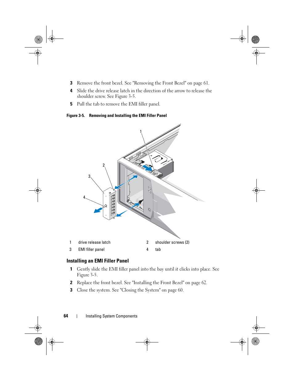 Installing an emi filler panel | Dell PowerEdge T110 II User Manual | Page 64 / 142