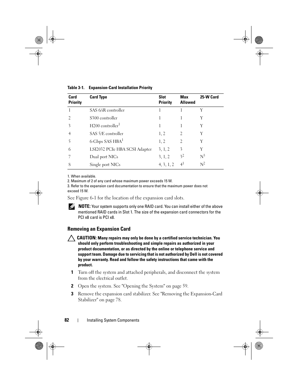 Removing an expansion card | Dell PowerEdge T110 II User Manual | Page 82 / 142