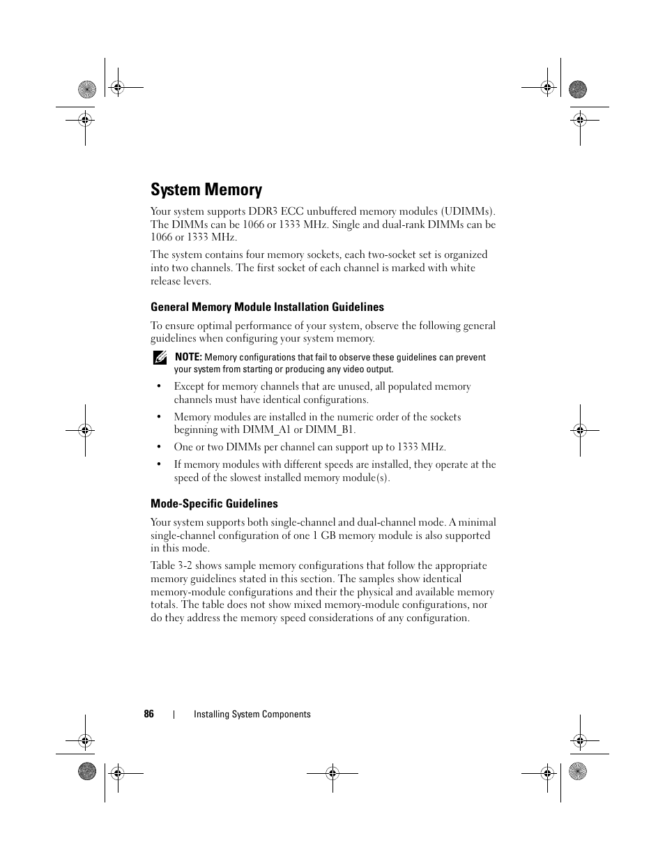 System memory, General memory module installation guidelines, Mode-specific guidelines | General, Memory module installation, See "system memory" on | Dell PowerEdge T110 II User Manual | Page 86 / 142