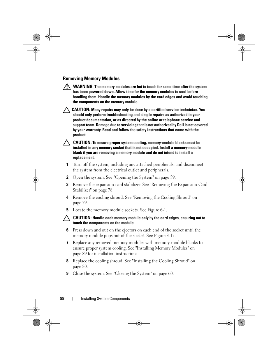 Removing memory modules | Dell PowerEdge T110 II User Manual | Page 88 / 142