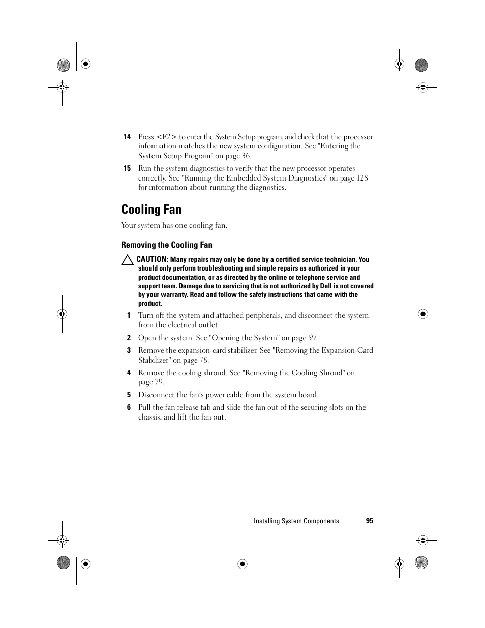 Cooling fan, Removing the cooling fan | Dell PowerEdge T110 II User Manual | Page 95 / 142
