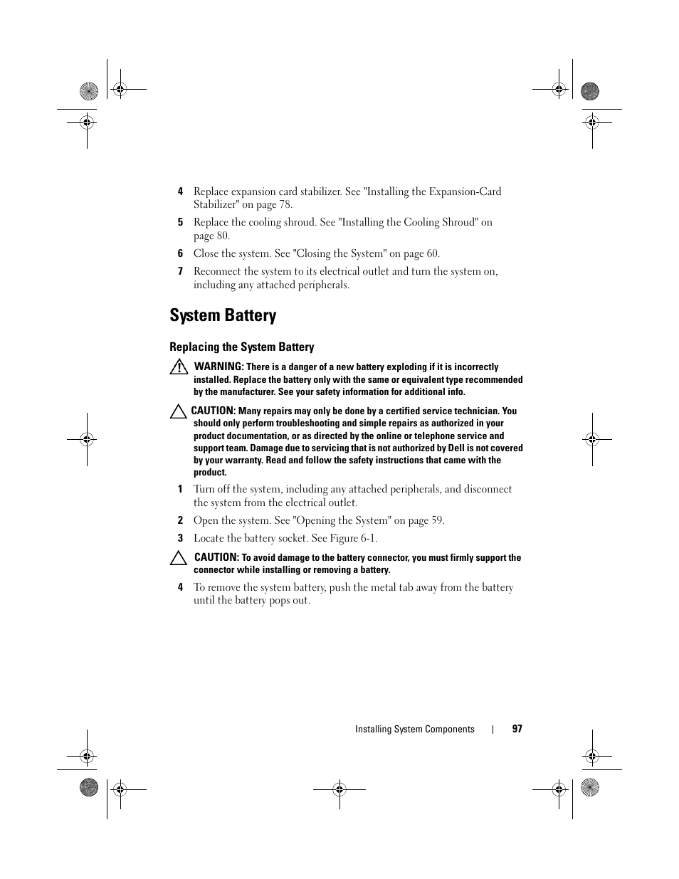 System battery, Replacing the system battery, See "system battery | Dell PowerEdge T110 II User Manual | Page 97 / 142