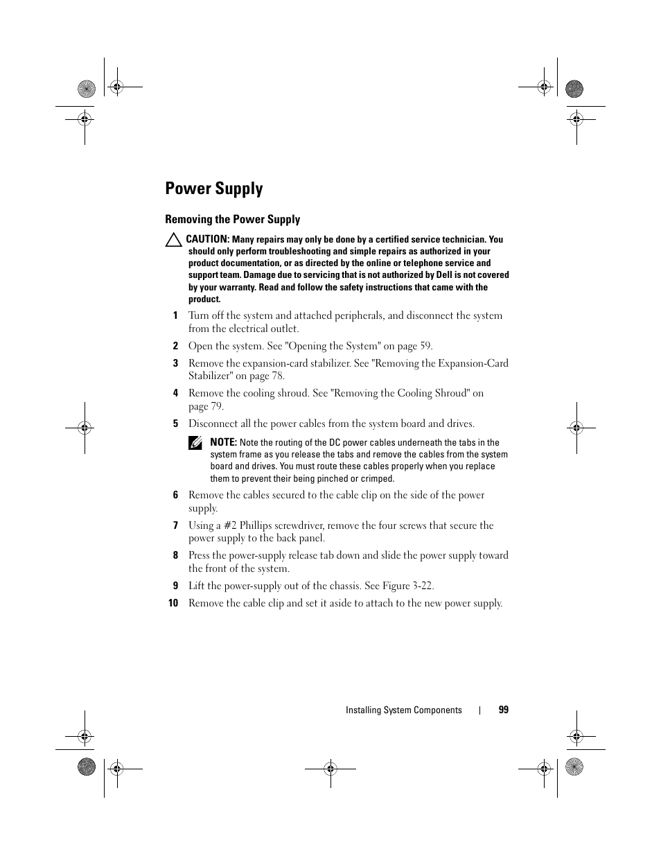 Power supply, Removing the power supply, See "power supply" on | Power supply" on | Dell PowerEdge T110 II User Manual | Page 99 / 142