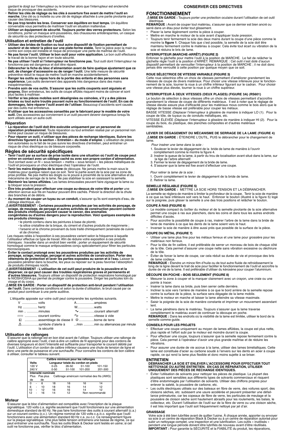 Règles de sécurité spécifiques, Fonctionnement | Black & Decker RS600 User Manual | Page 3 / 5