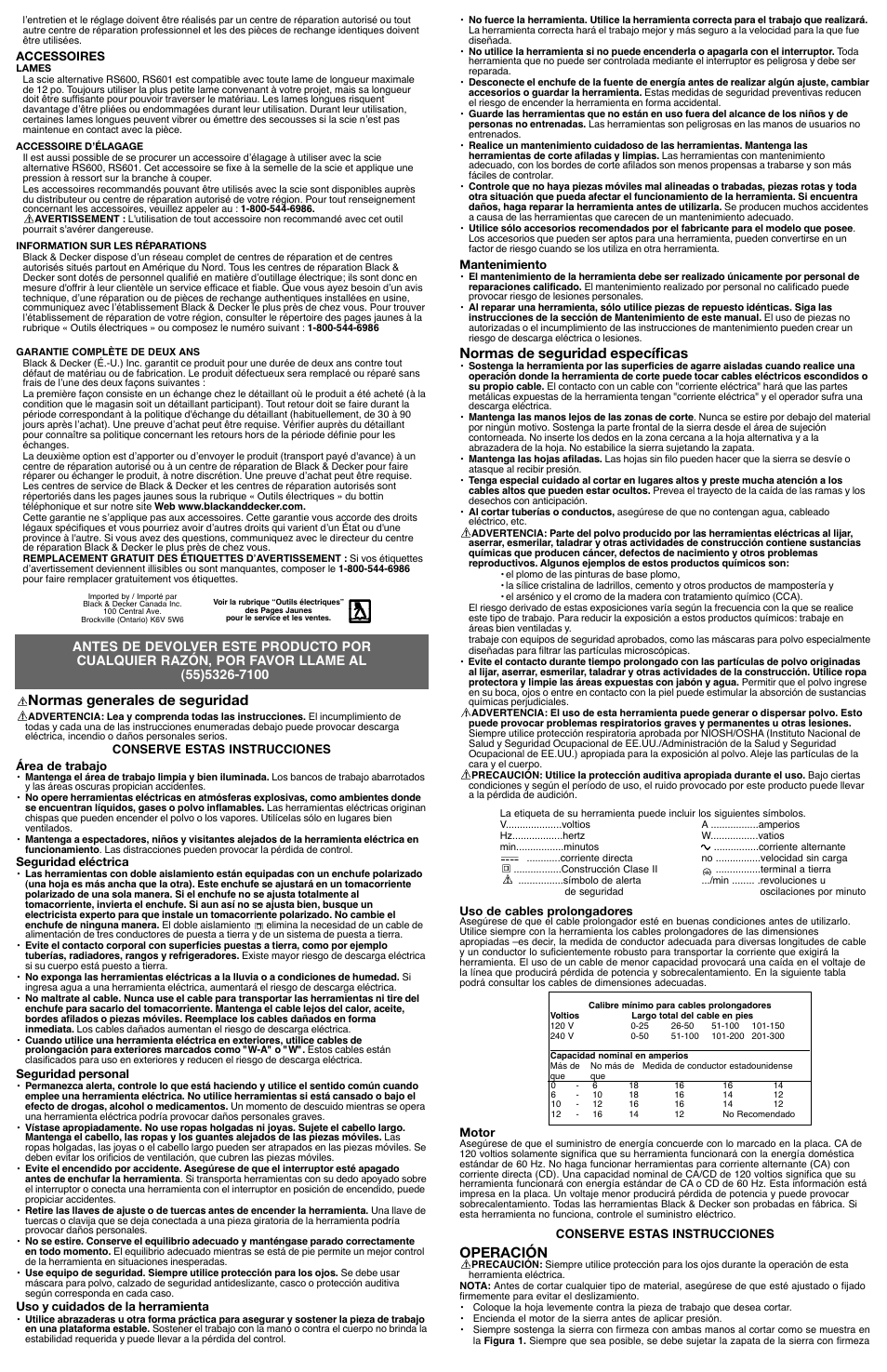 Normas generales de seguridad, Normas de seguridad específicas, Operación | Black & Decker RS600 User Manual | Page 4 / 5