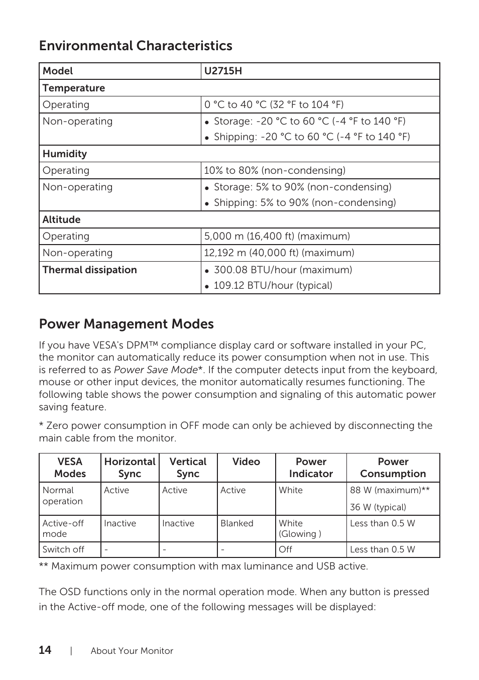 Environmental characteristics, Power management modes | Dell U2715H Monitor User Manual | Page 14 / 63