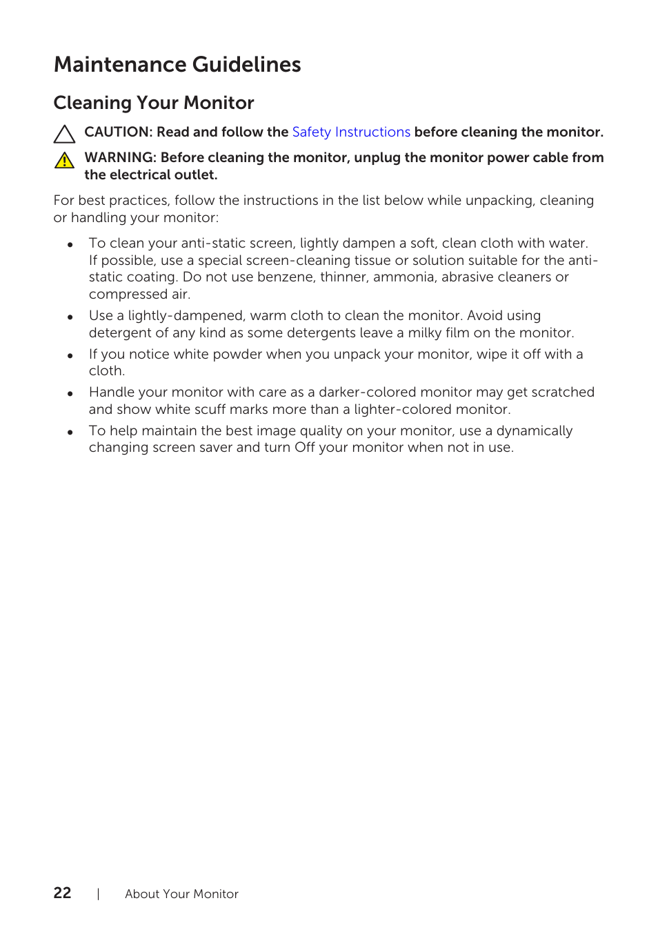 Maintenance guidelines, Cleaning your monitor | Dell U2715H Monitor User Manual | Page 22 / 63